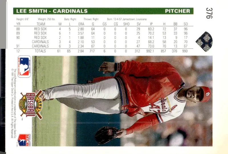 1992 Upper Deck #376 Lee Smith (back)