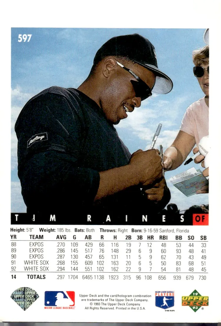 1993 Upper Deck #597 Tim Raines (back)