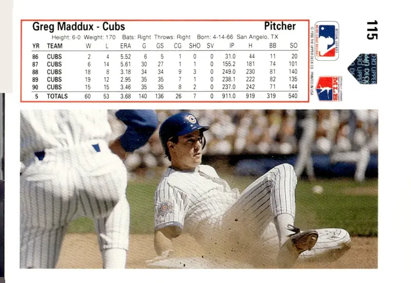 1991 Upper Deck #115 Greg Maddux (back)