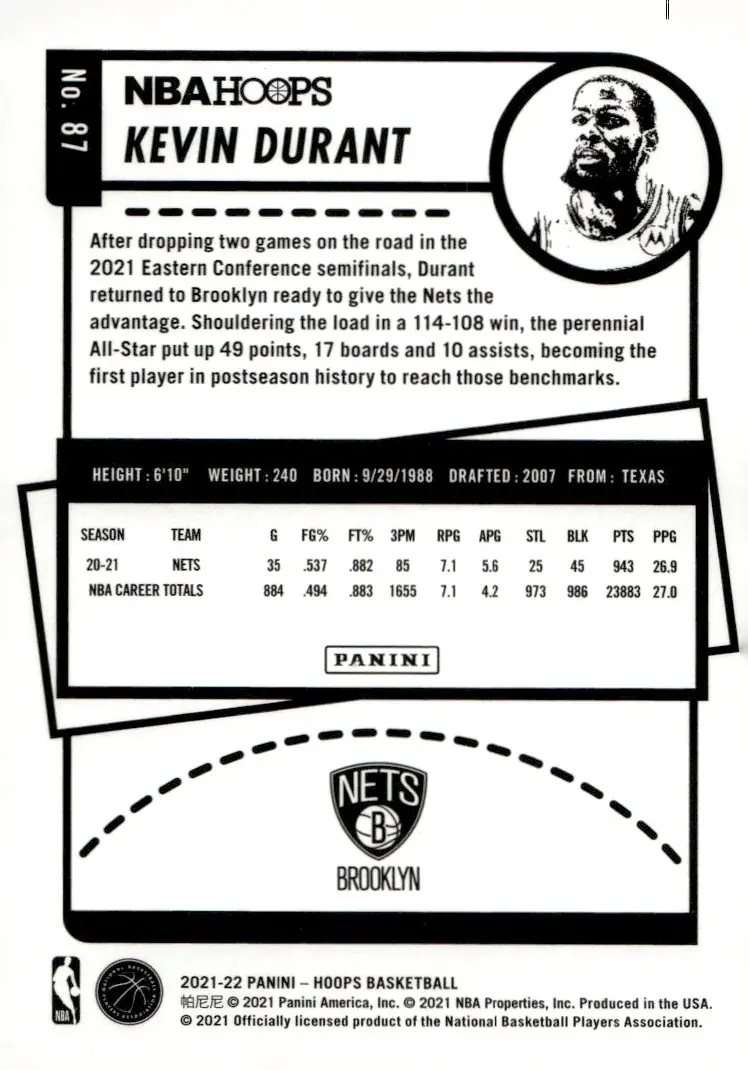 2021-22 NBA Hoops #87 Kevin Durant (back)