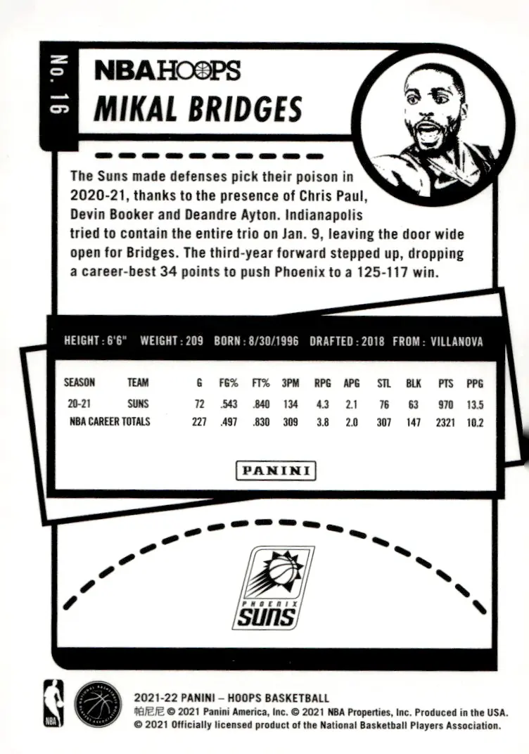 2021-22 NBA Hoops #16 Mikal Bridges (back)