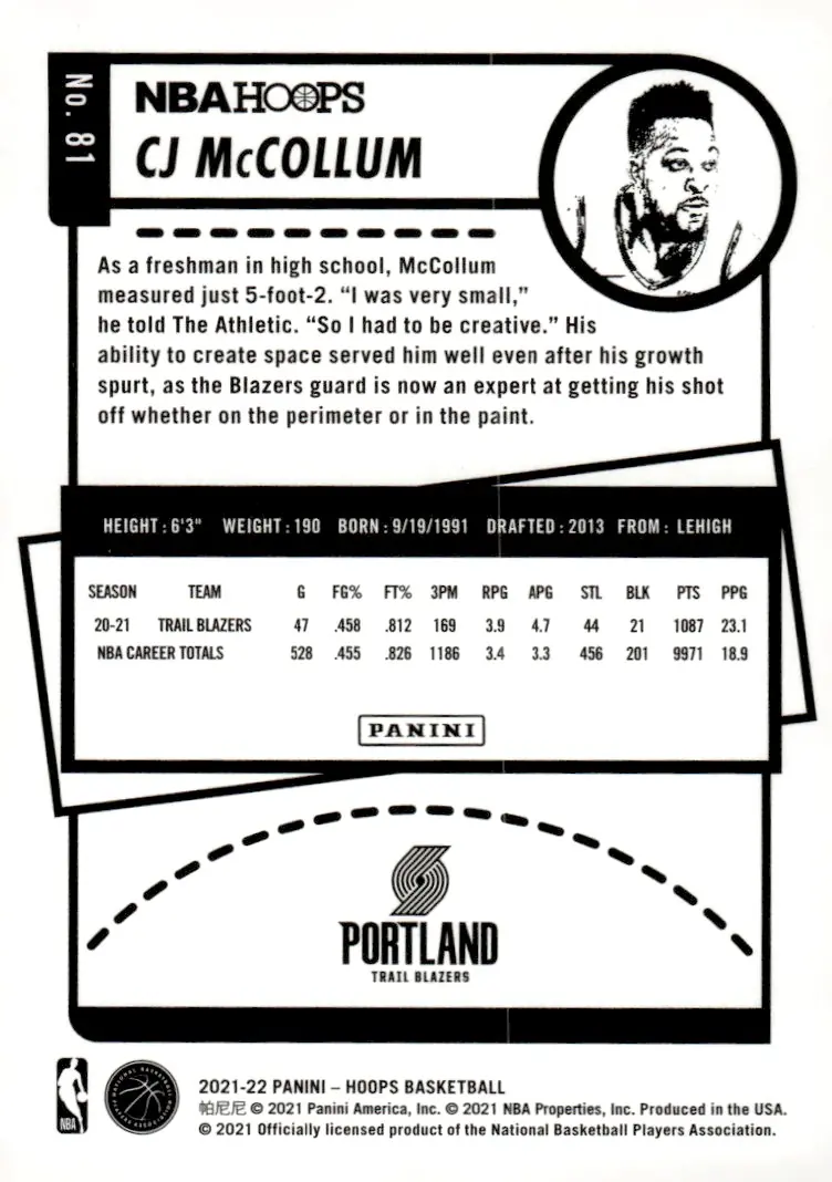 2021-22 NBA Hoops #81 CJ McCollum (back)