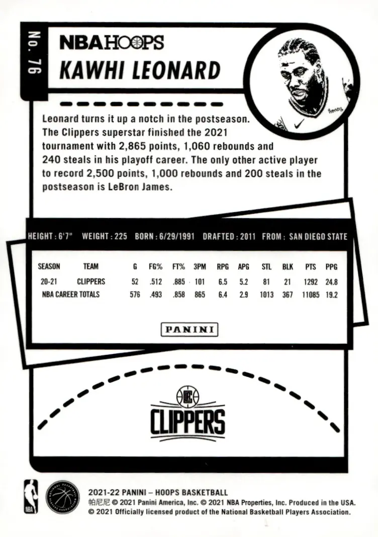 2021-22 NBA Hoops #76 Kawhi Leonard (back)