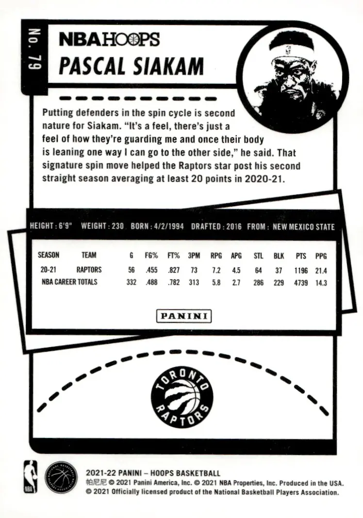 2021-22 NBA Hoops #79 Pascal Siakam (back)
