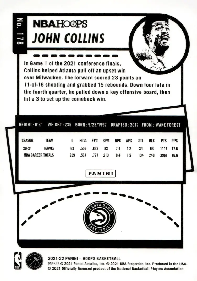 2021-22 NBA Hoops #178 John Collins – Winter (back)