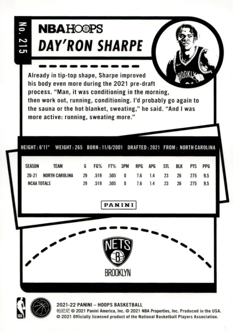 2021-22 NBA Hoops #215 Day'Ron Sharpe (back)