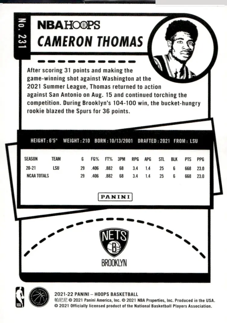 2021-22 NBA Hoops #231 Cameron Thomas – Winter (back)