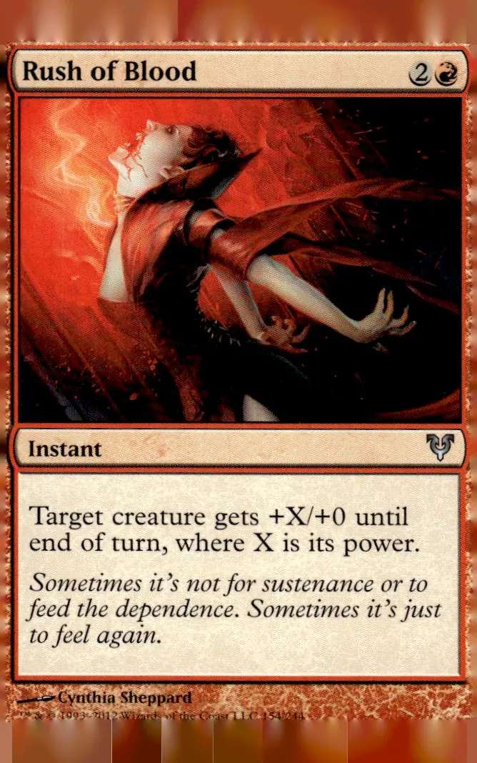 2012 Avacyn Restored #154/244 Rush of Blood (card name); art by Cynthia Sheppard (front)
