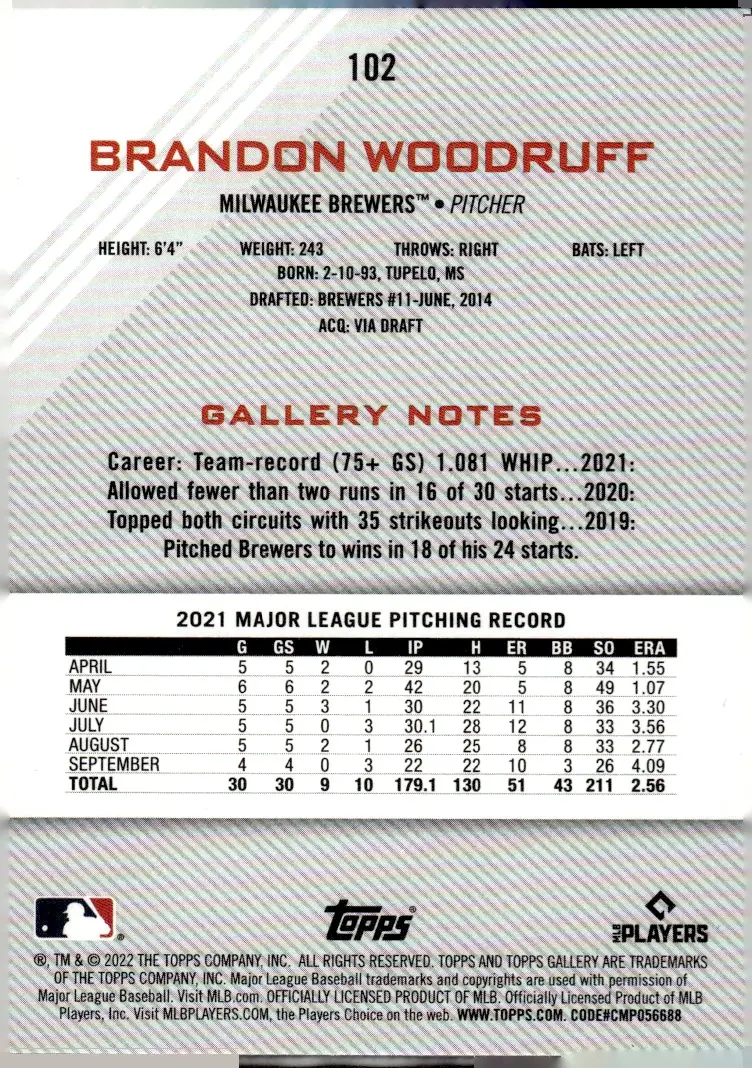 2022 Topps Gallery #102 Brandon Woodruff (back)