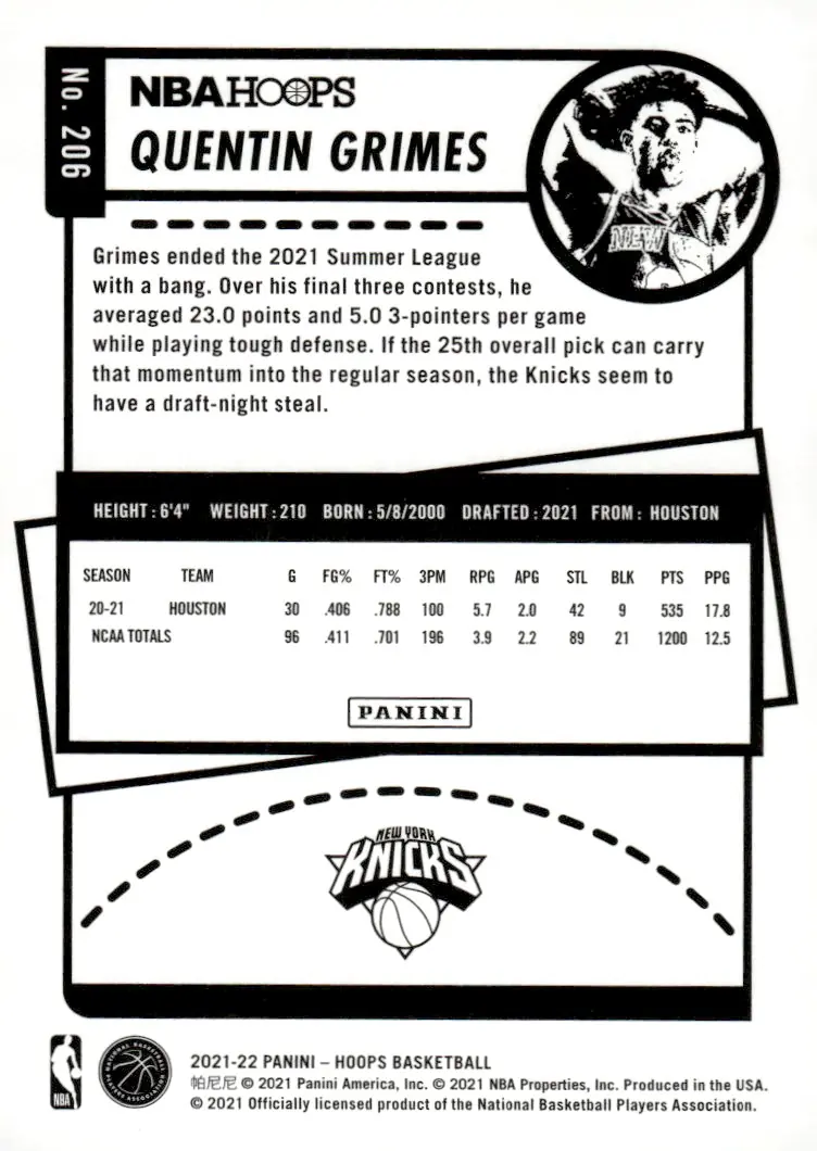2021-22 NBA Hoops #206 Quentin Grimes (back)