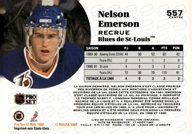 1991-92 Pro Set (French/Bilingual Canadian edition) #557 Nelson Emerson – French-language edition (back)