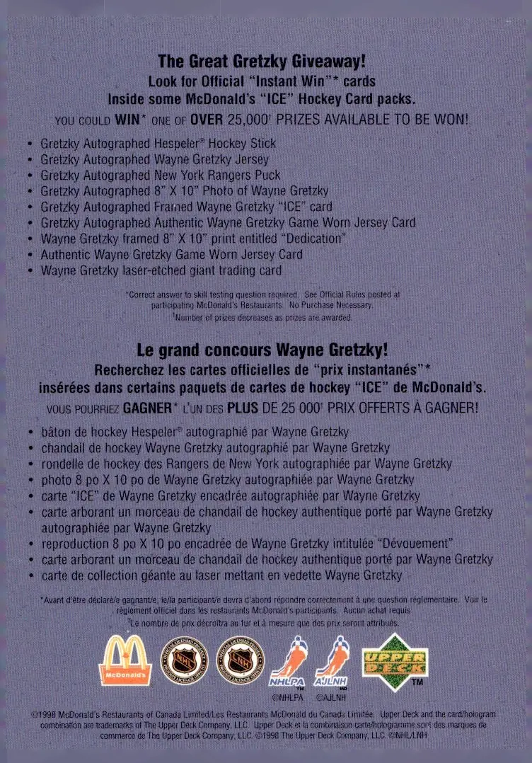1998-99 Upper Deck McDonald's Ice #CL1 Checklist (back)