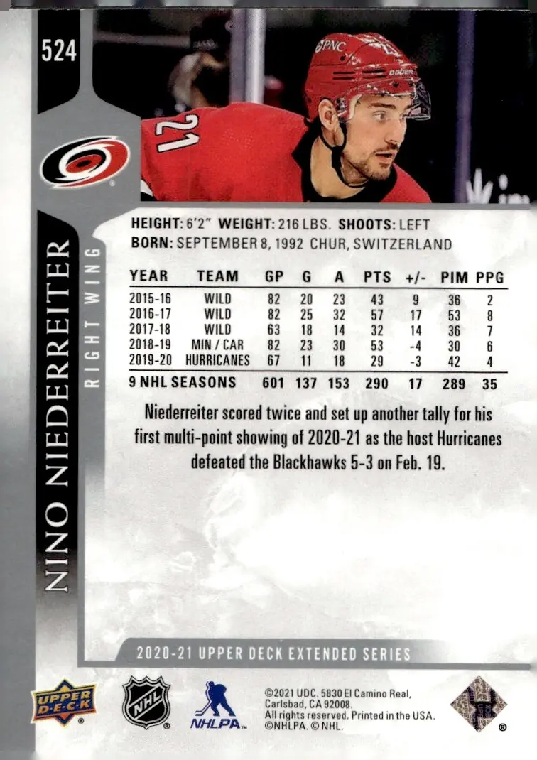 2020-21 Upper Deck Extended Series #524 Nino Niederreiter (back)