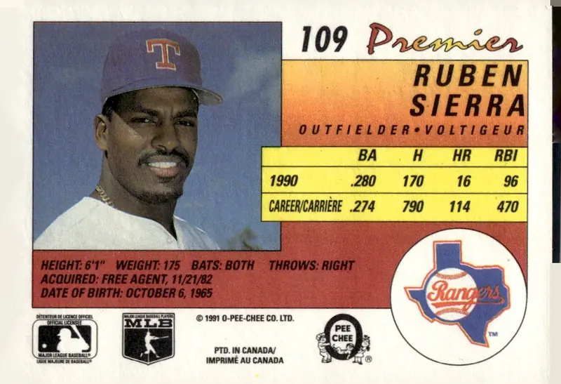 1991 O-Pee-Chee Premier #109 Ruben Sierra (back)