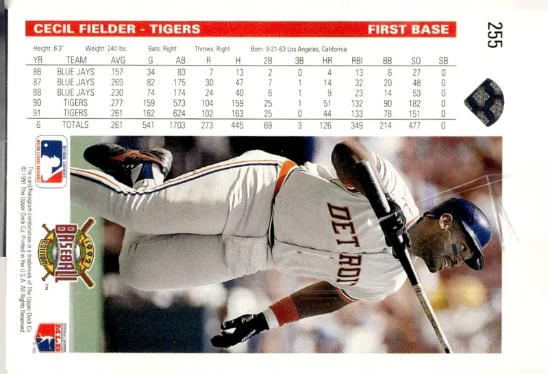 1992 Upper Deck Baseball #255 Cecil Fielder (back)