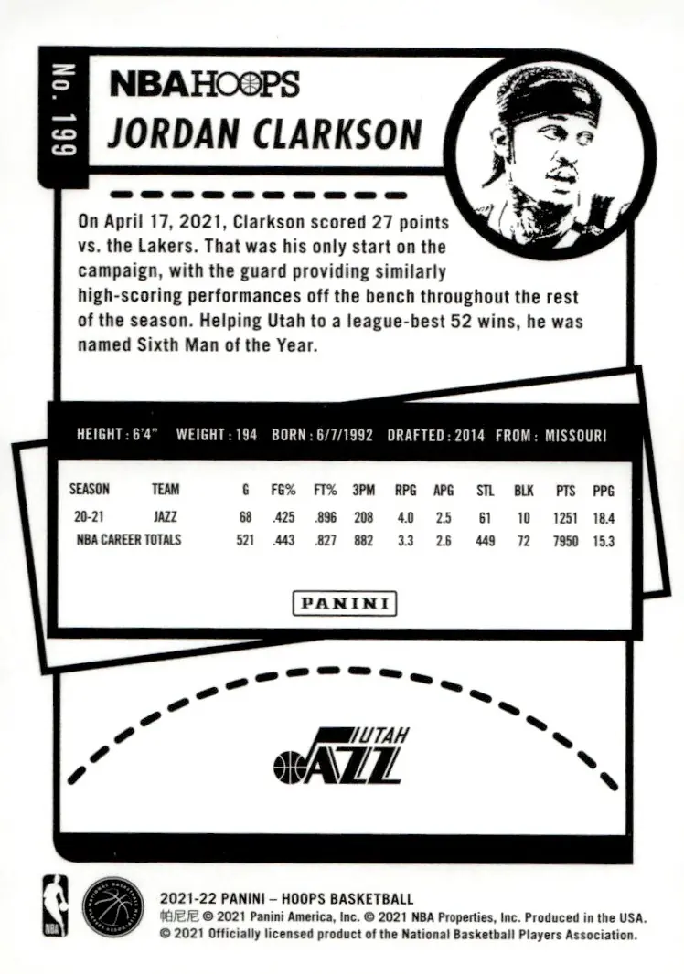 2021-22 NBA Hoops #199 Jordan Clarkson (back)