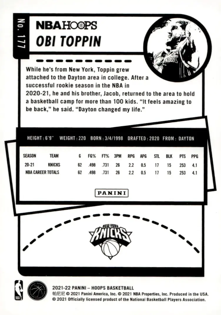 2021-22 NBA Hoops #177 Obi Toppin (back)