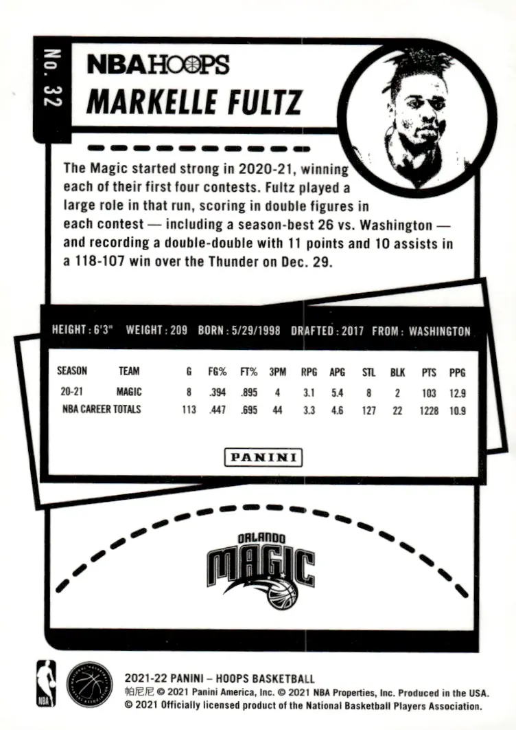 2021-22 NBA Hoops #32 Markelle Fultz (back)