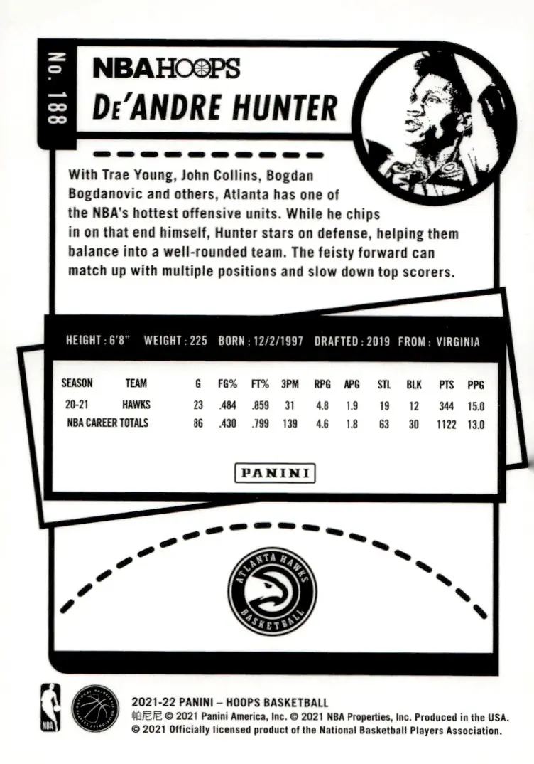 2021-22 NBA Hoops #188 De'Andre Hunter (back)