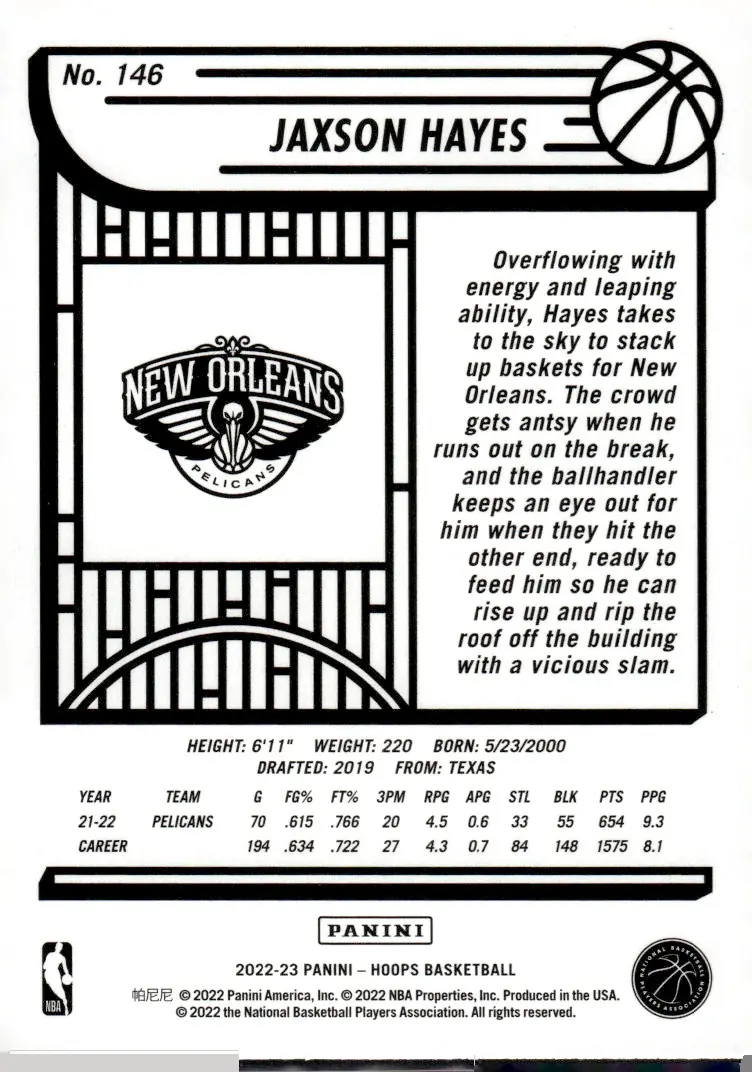 2022-23 NBA Hoops #146 Jaxson Hayes (back)