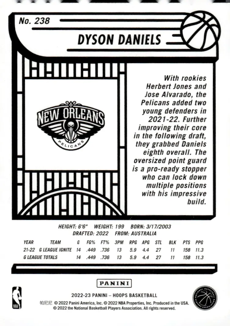2022-23 NBA Hoops #238 Dyson Daniels (back)