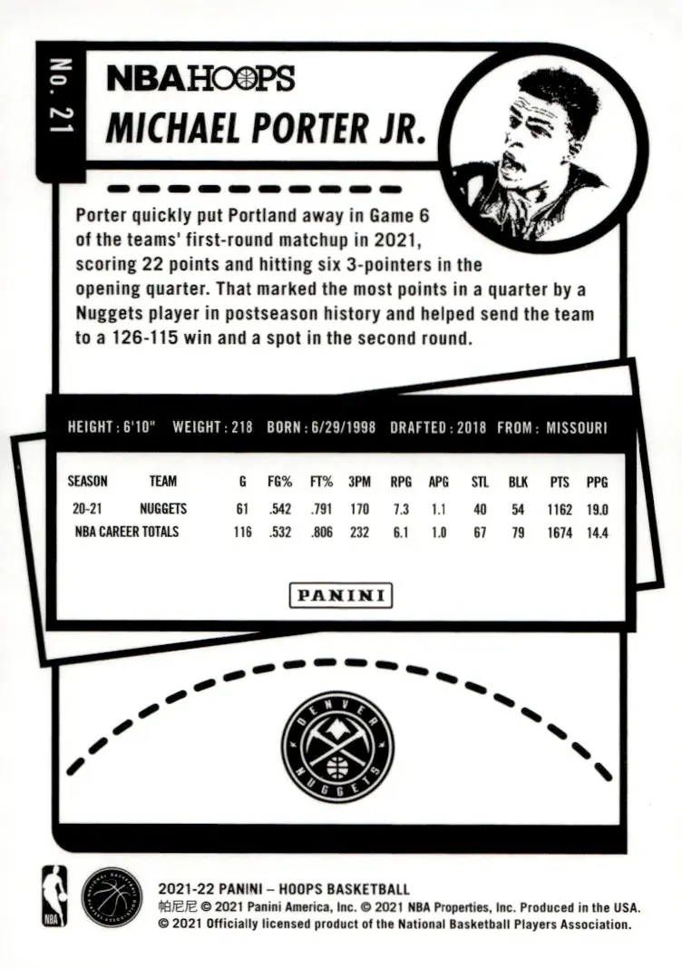 2021-22 NBA Hoops #21 Michael Porter Jr. (back)