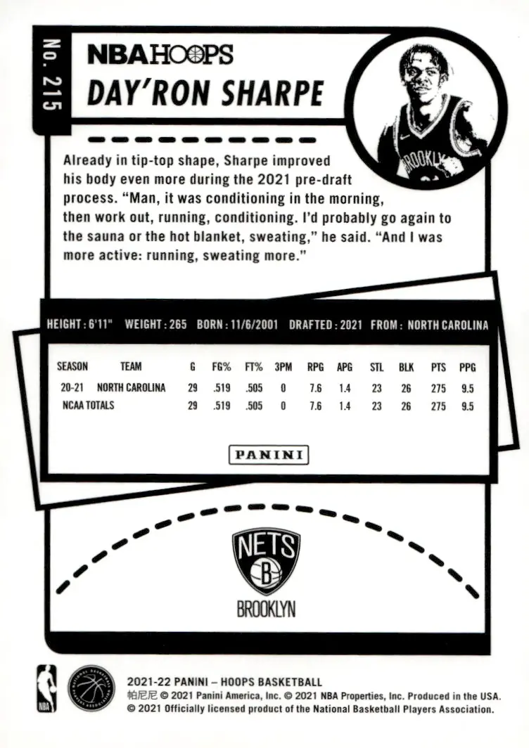 2021-22 NBA Hoops #215 Day'Ron Sharpe (back)