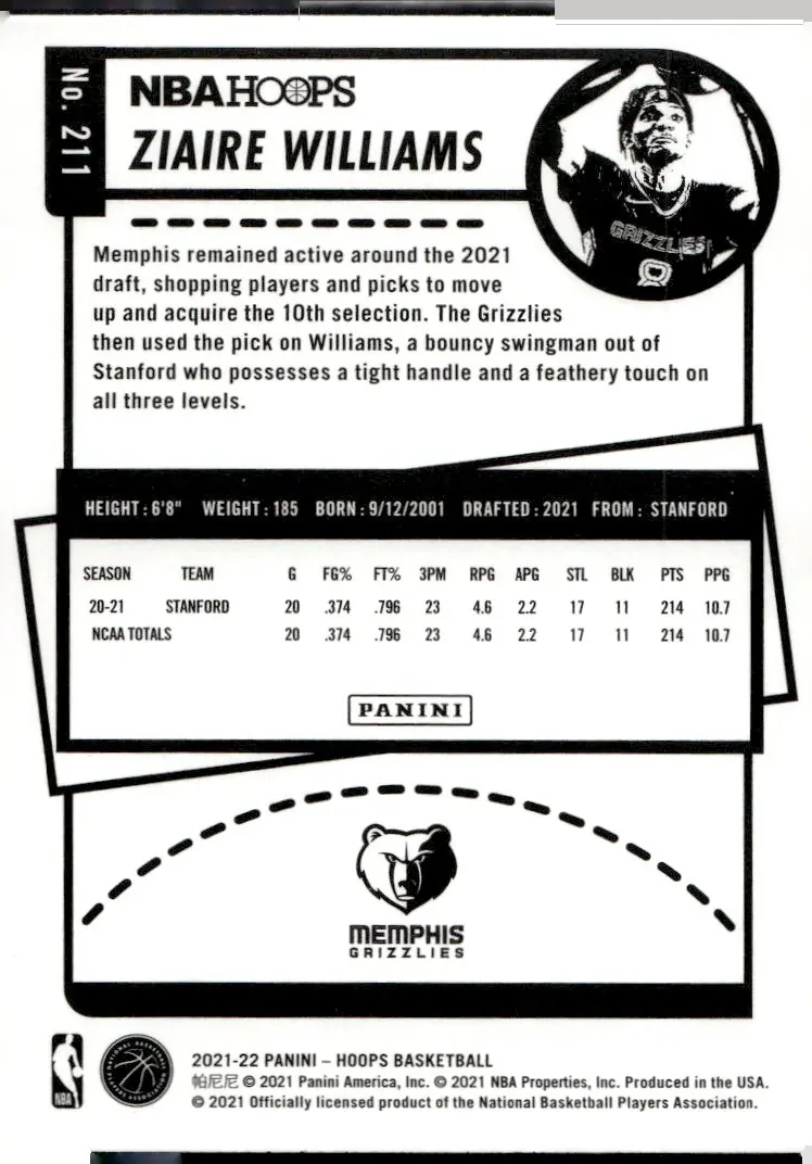 2021-22 NBA Hoops #211 Ziaire Williams (back)