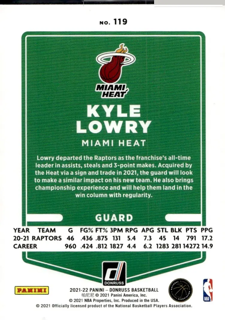 2021-22 Donruss #119 Kyle Lowry (back)