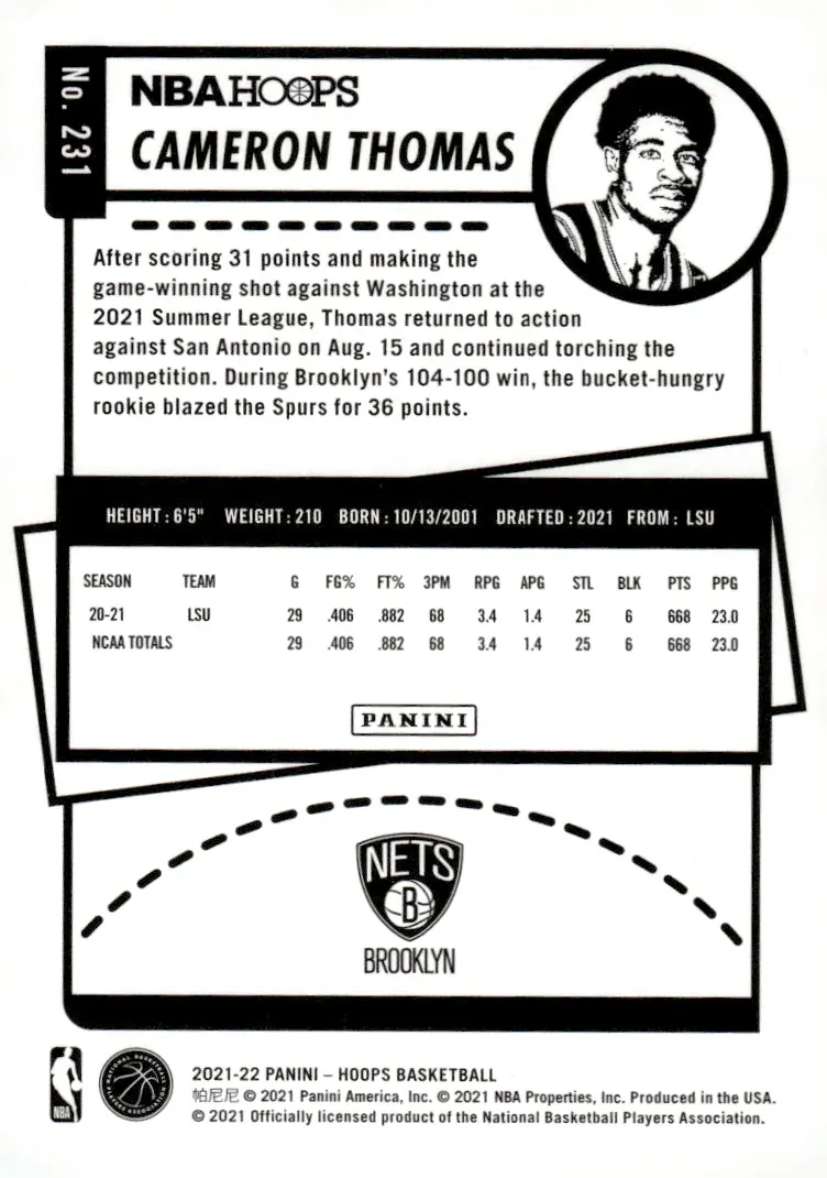 2021-22 NBA Hoops #231 Cameron Thomas (back)