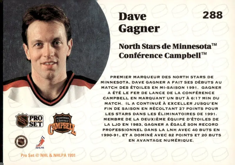 1991-92 Pro Set (French/Bilingual edition) #288 Dave Gagner – French-language version (back)