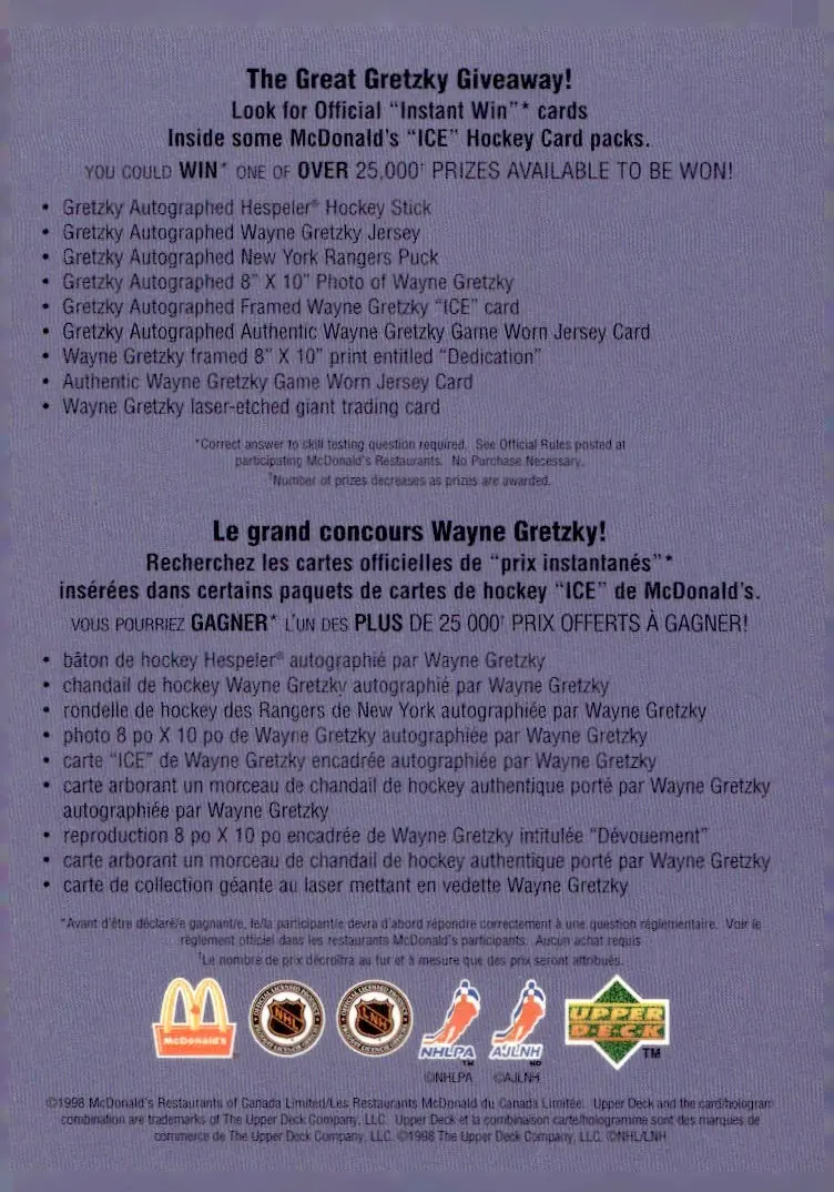 1998-99 Upper Deck Ice McDonald's (Canada) Checklist (back)