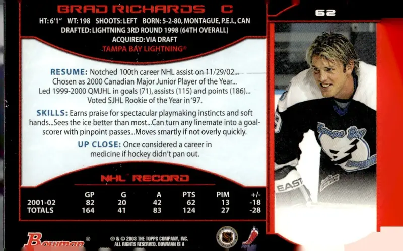 2002-03 Bowman YoungStars #62 Brad Richards (back)
