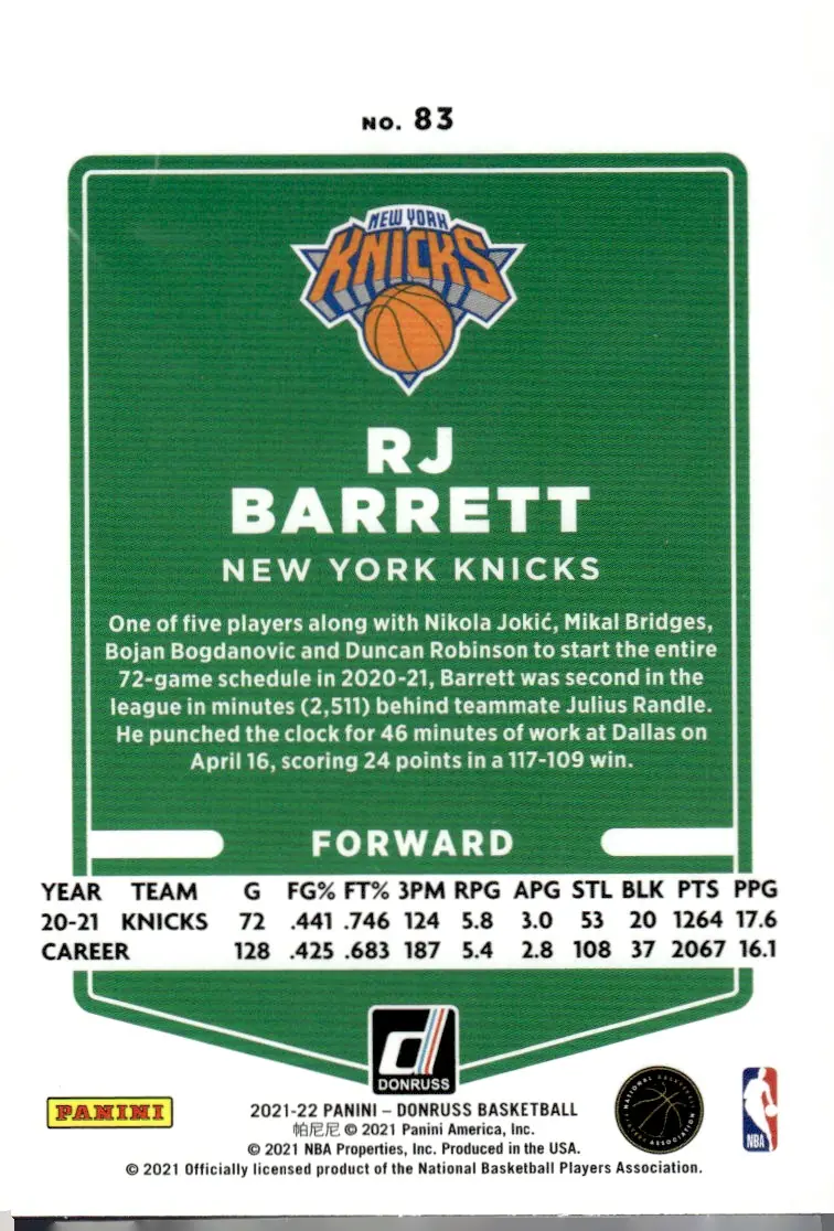 2021-22 Panini Donruss Basketball #83 RJ Barrett (back)
