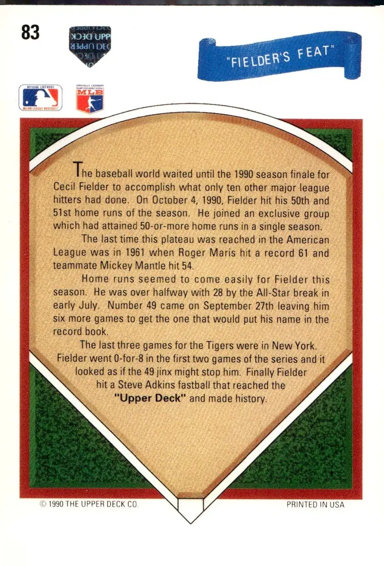 1991 Upper Deck #83 Cecil Fielder (back)