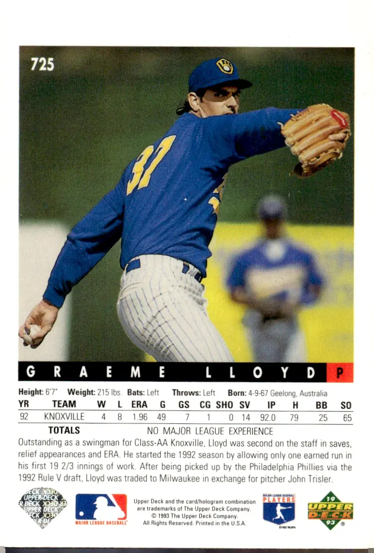 1993 Upper Deck #725 Graeme Lloyd (back)