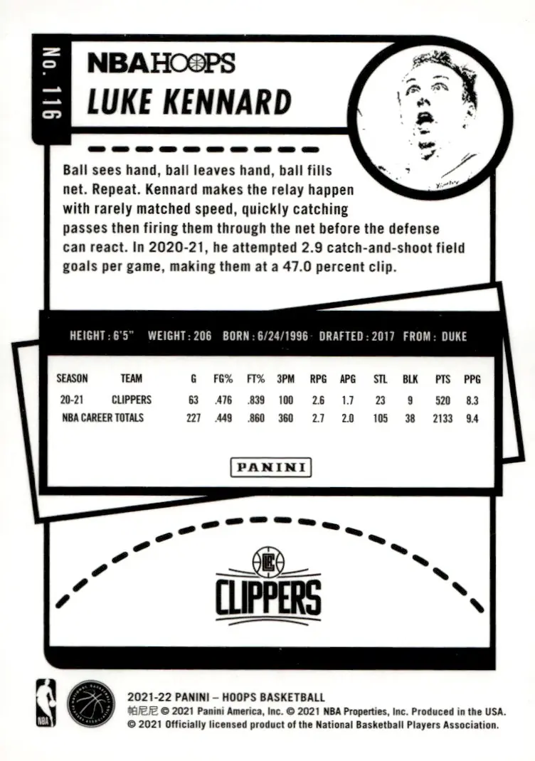 2021-22 NBA Hoops #116 Luke Kennard (back)