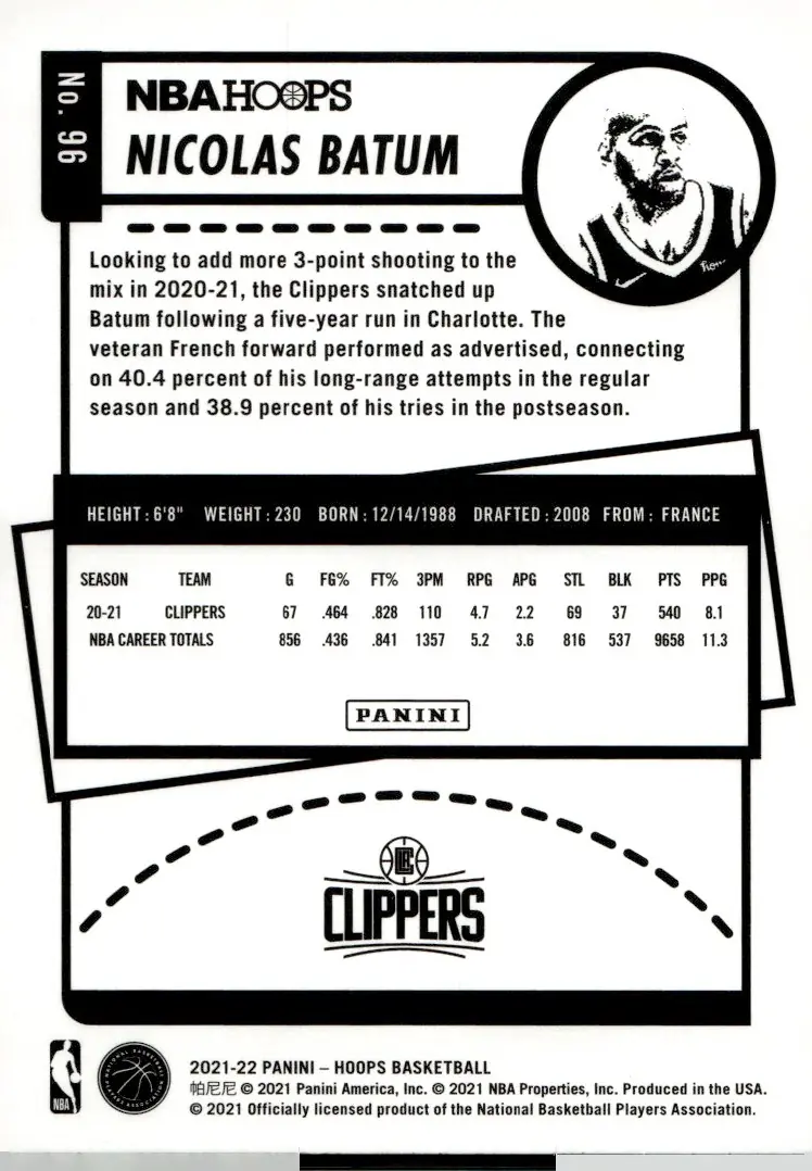2021-22 NBA Hoops #96 Nicolas Batum (back)