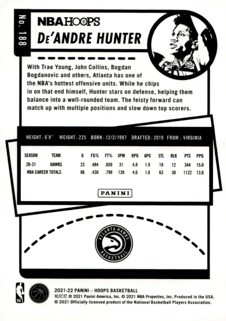 2021-22 NBA Hoops #188 De'Andre Hunter (back)