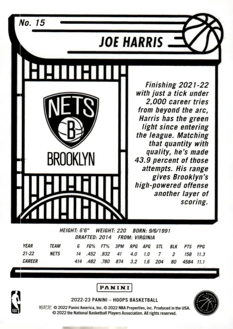 2022-23 NBA Hoops #15 Joe Harris (back)