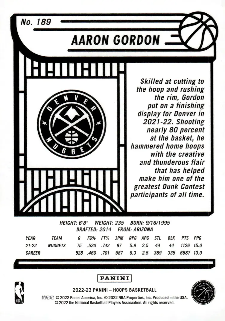 2022-23 NBA Hoops #189 Aaron Gordon (back)