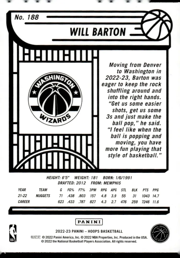 2022-23 NBA Hoops #188 Will Barton (back)