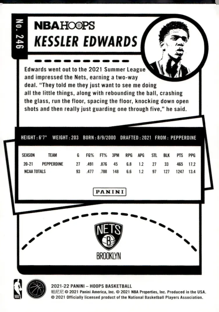 2021-22 NBA Hoops #246 Kessler Edwards (back)