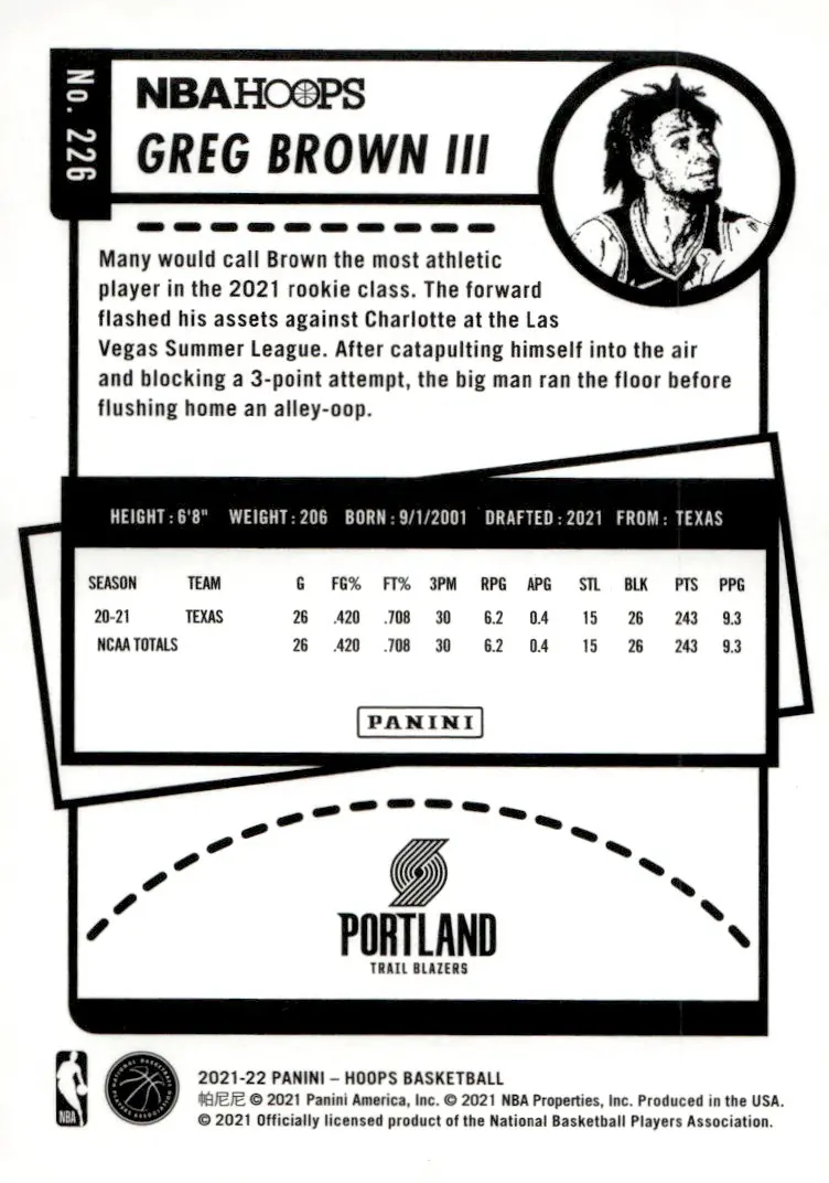 2021-22 NBA Hoops #226 Greg Brown III (back)