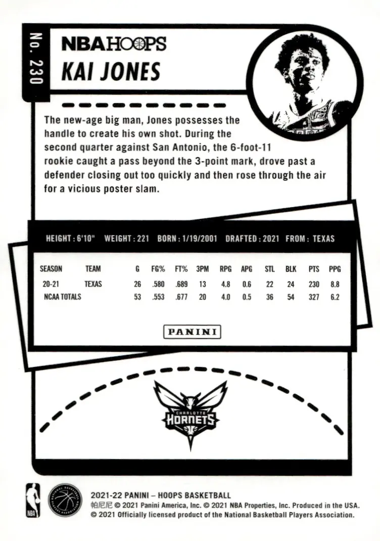 2021-22 NBA Hoops #230 Kai Jones (back)
