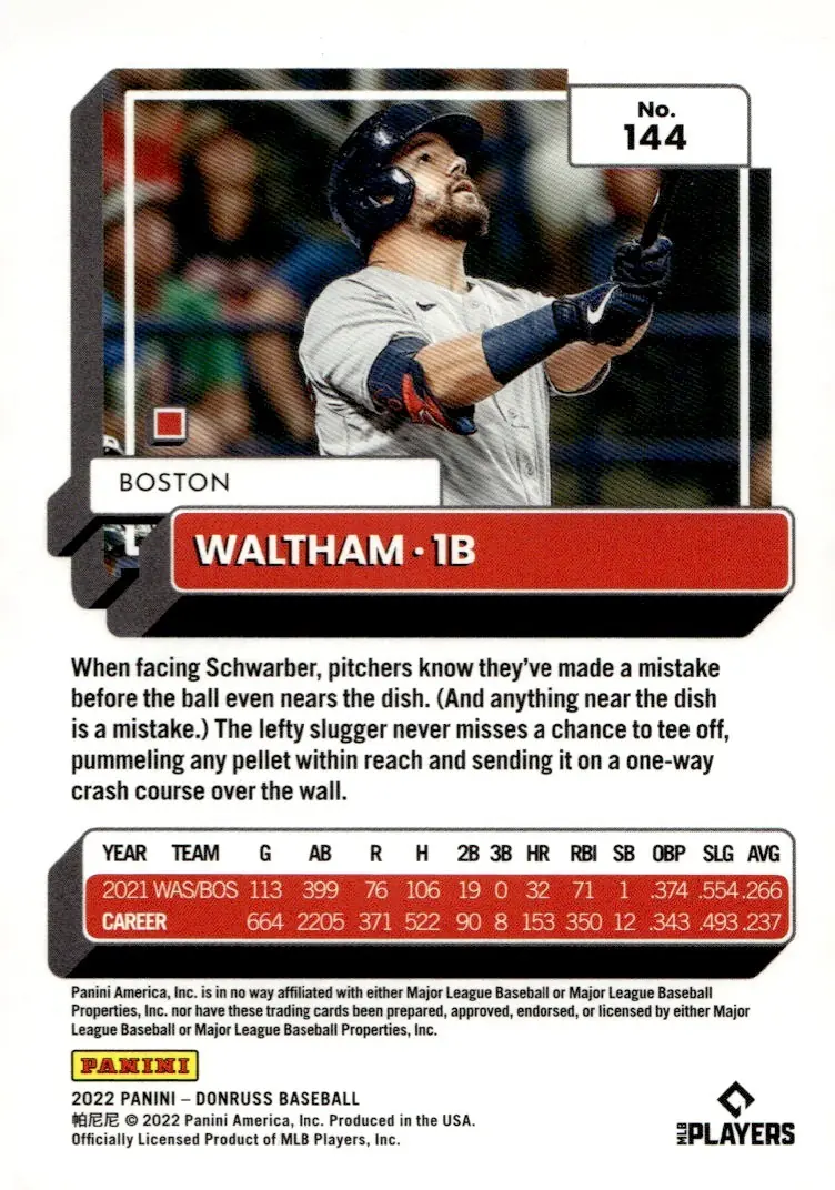 2022 Donruss Baseball #144 Kyle Schwarber (back)
