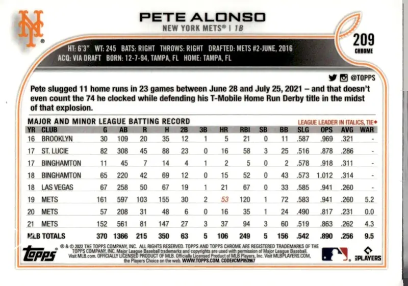 2022 Topps Chrome #209 Pete Alonso – X-Fractor (back)