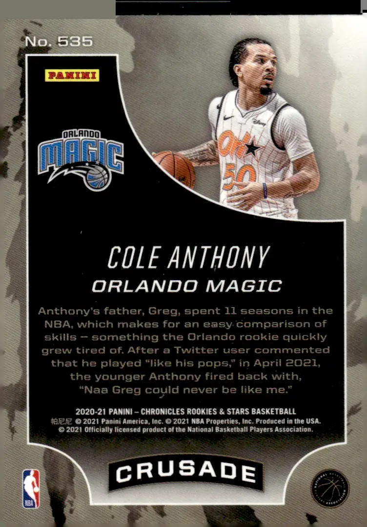 2020-21 Panini Chronicles Basketball #535 Cole Anthony (back)