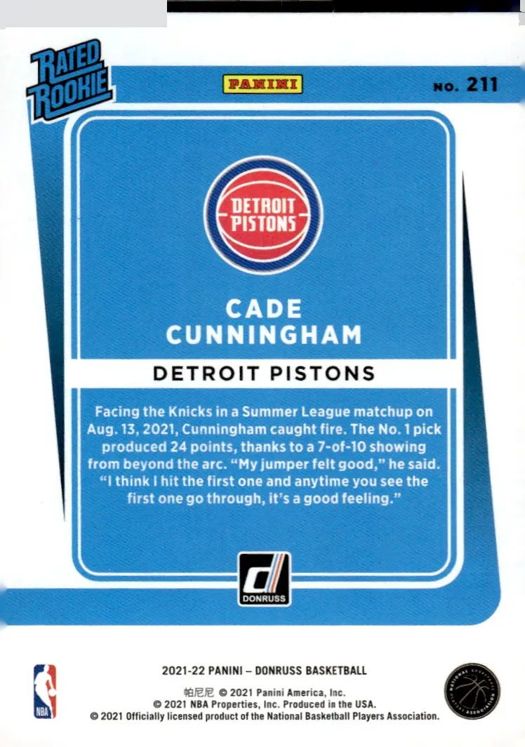 2021-22 Donruss #211 Cade Cunningham (back)