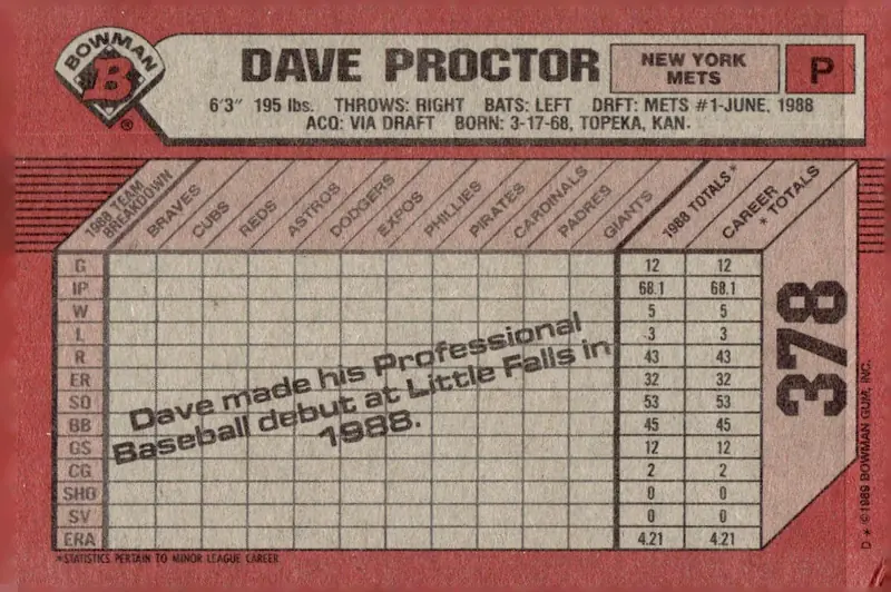 1989 Bowman #378 Dave Proctor (back)